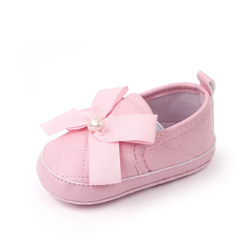 Soft Soled Big Bow Infant Shoes Diamond Check PU Leather Shoes 0-1 Year Old Baby Girls Walking Shoes supplier