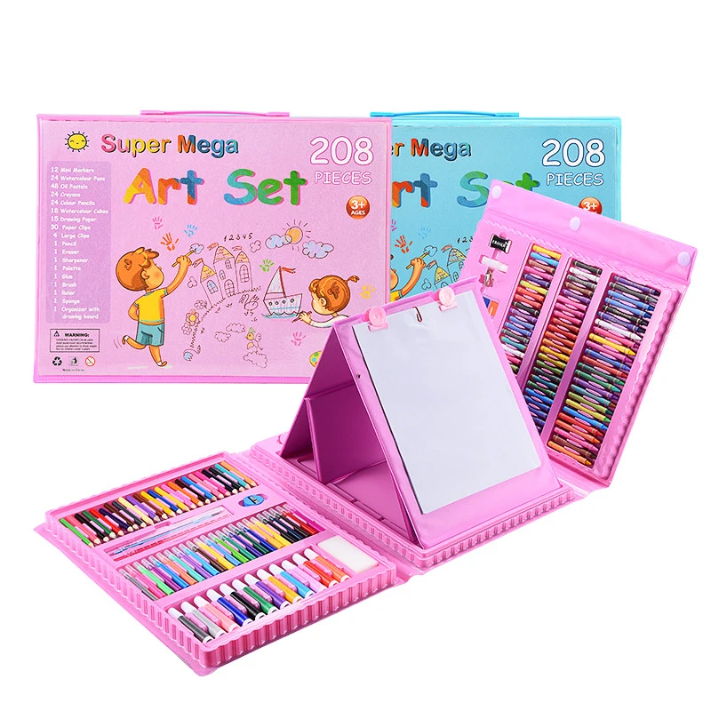 High Quality Non-Toxic Kids Plastic Case Watercolor Pen Colour Pencil 208 Pieces Art Drawing Painting Set With Easel Kit