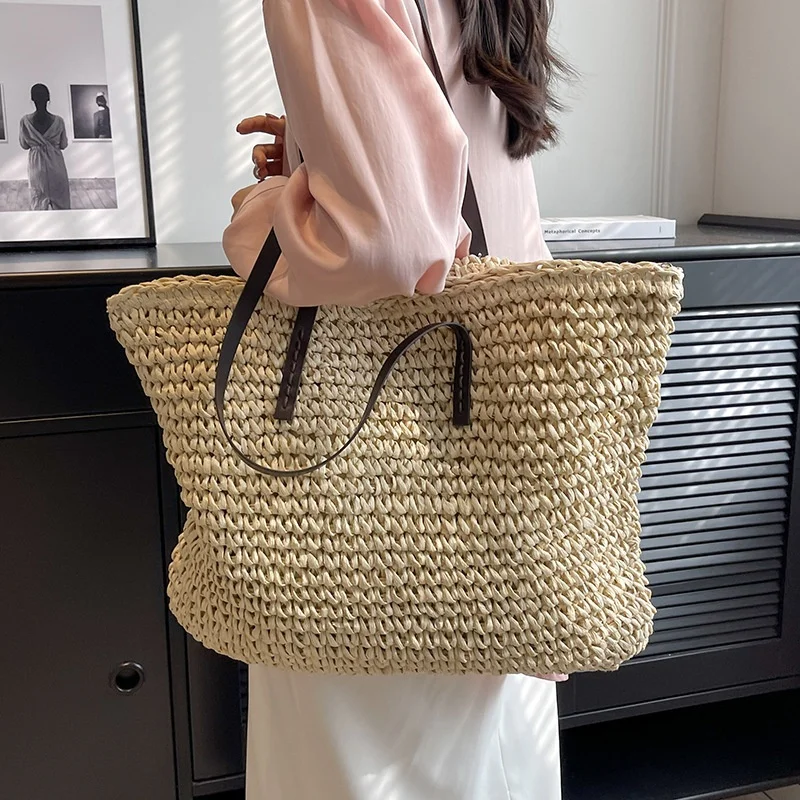 Large Capacity Women's Shoulder Shopping Bag Beach Straw Handbag Woven Knitted Crochet Tote Polyester