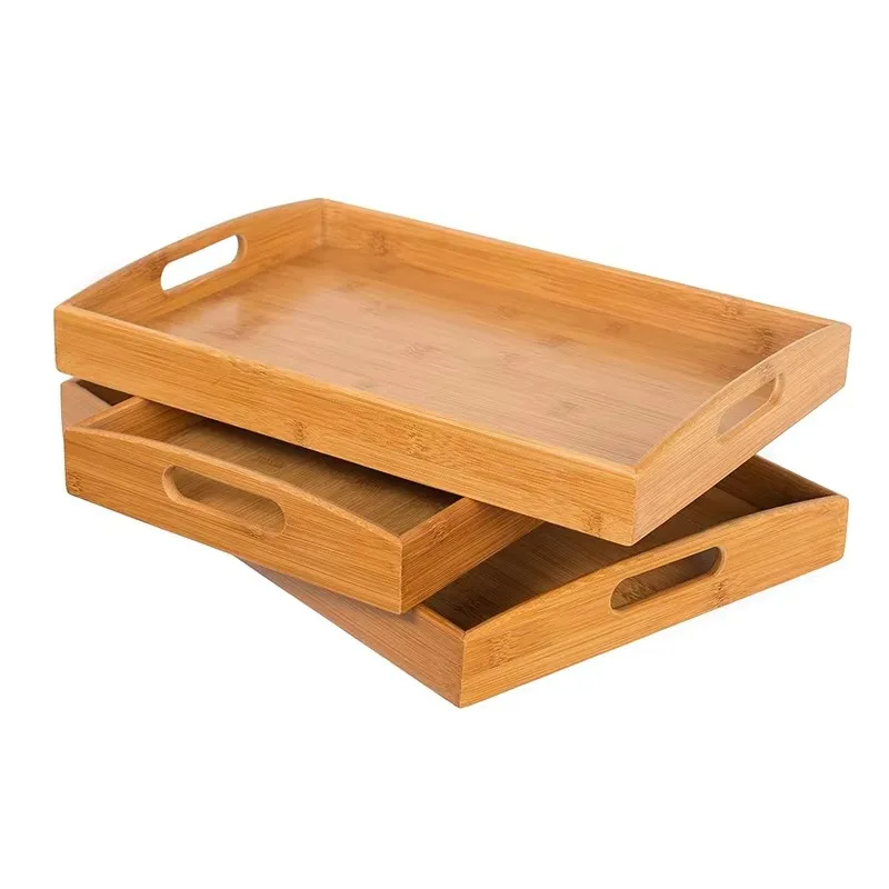 product natural bamboo serving tray with handles nesting stackable rectangular wooden food platter for breakfast tea kitchen restaurant-2