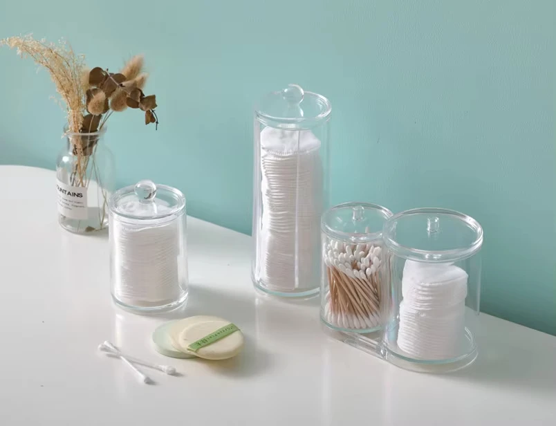 Cotton Ball Swab Round Pads Floss Picks Holder Dispenser Clear Plastic Apothecary Jar Set For Bathroom