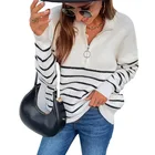 Customized Knitted Top With Zipper Jumper Striped Color Matching Long-sleeved Loose Casual Women's Sweater