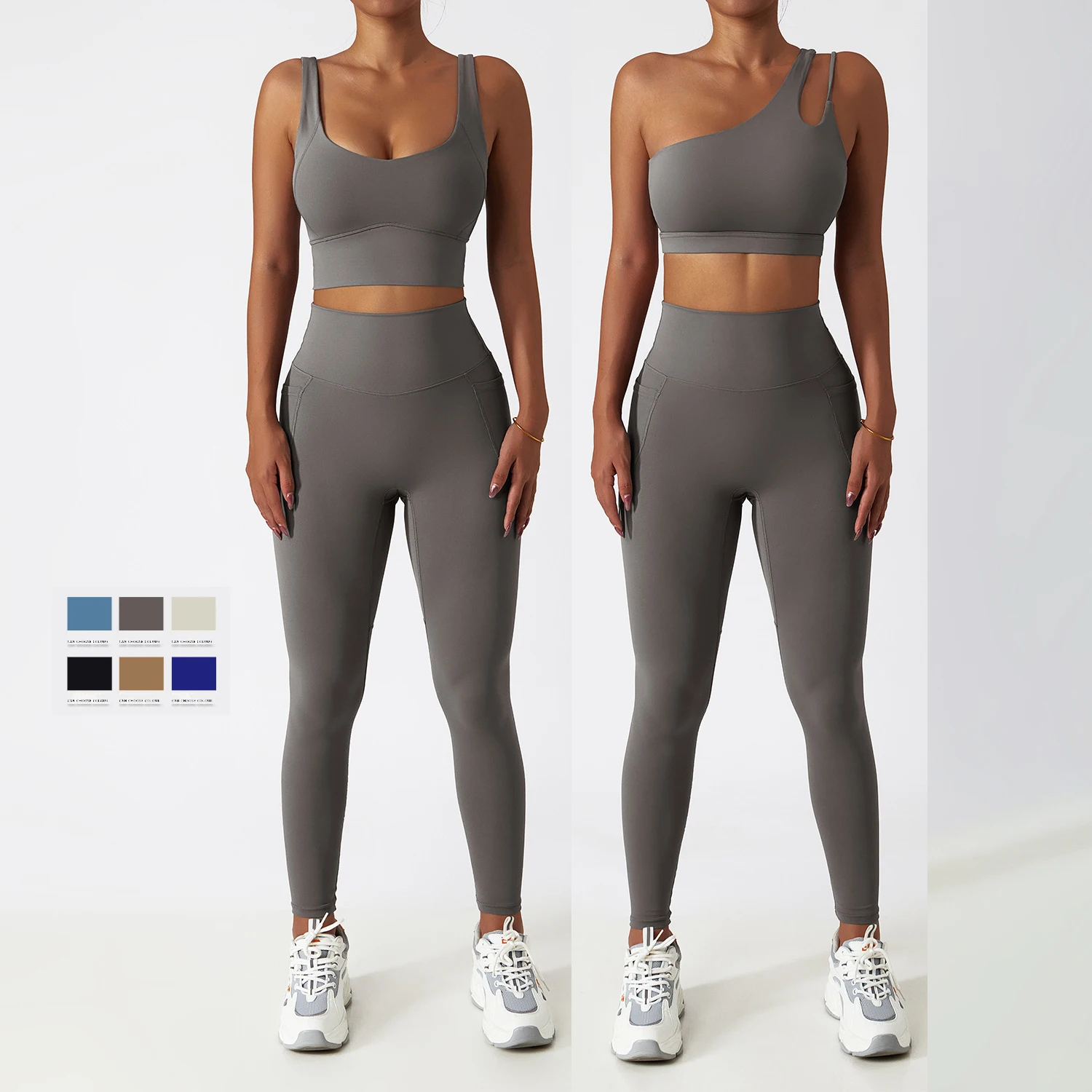 YIYI INS Hot S-XL Nude Fabrics Gym Fitness Sets Women Breathable High Waist Pants Workout Sets Pockets Leggings Sets For Women