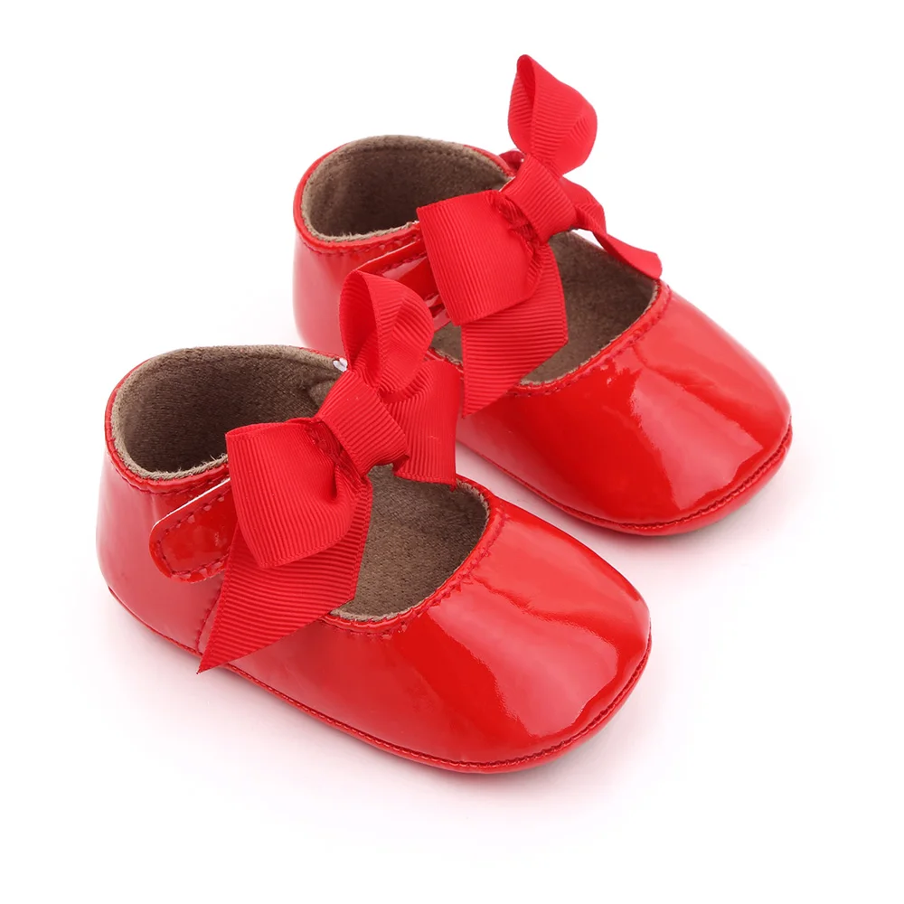 Solid Color PU Leather Top Big Bow Baby Girls Princess Soft Soled Non-slip Toddler Shoes details