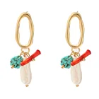 Pearl Coral 2021 Fashion S925 Silver Needle Pearl Coral Stone Natural Stone Retro Circle Shaped Women's Earrings