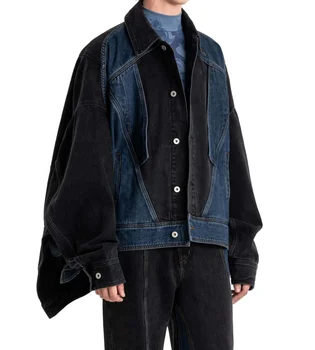 Winter High Quality OEM Custom Designer 100% Cotton Spliced Black and Blue Vintage Washed Mens Denim Jacket