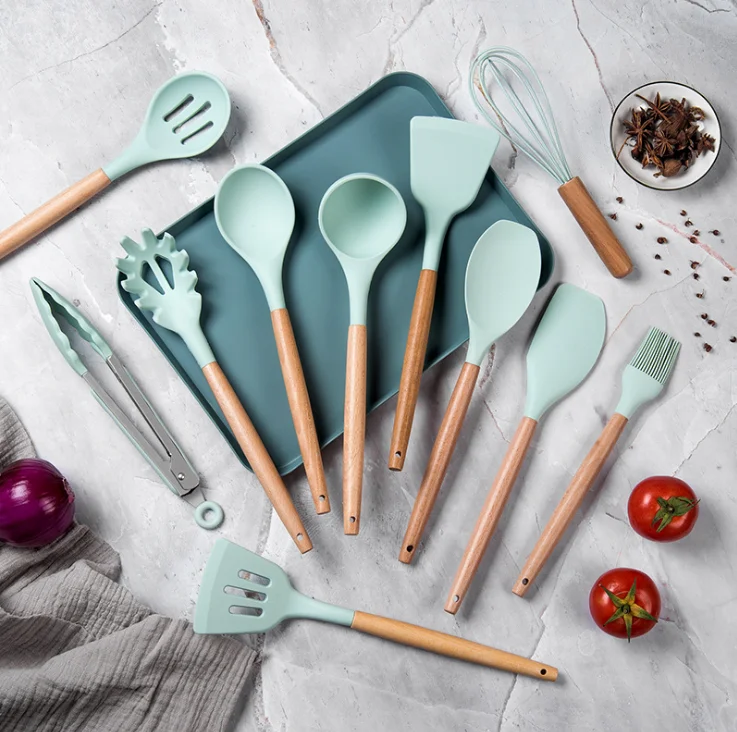 12-Piece Eco-Friendly Silicone Kitchen Utensil Set with Wooden Handle Includes Turner Pliers Spatula Spoon Kitchen Accessories