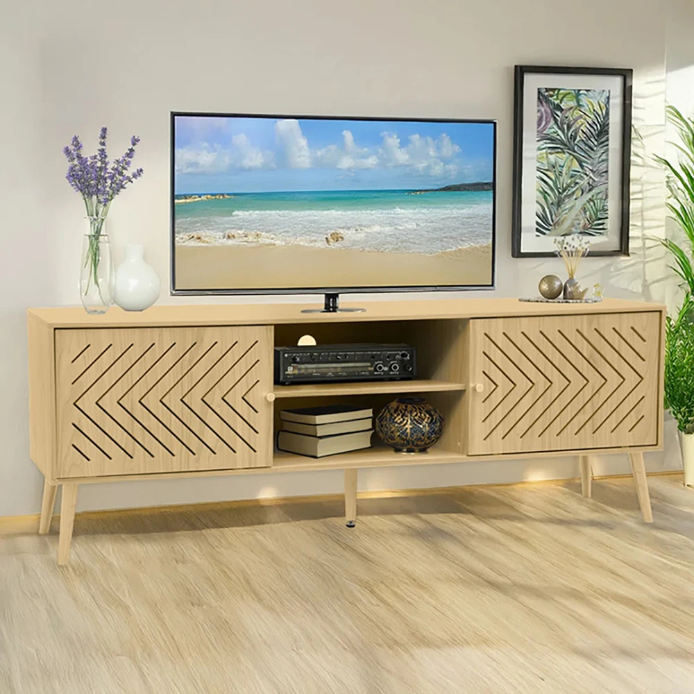 Mid Century Modern TV Stand for TVs up to 70 Inch Wooden Entertainment Center with Sliding Doors for Living Room Furniture details