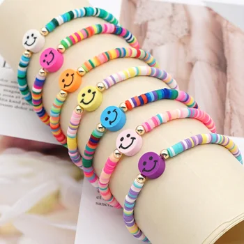 Stackable Handwoven Surfer Wrist Jewelry For Women Girls Kids Stretch Colourful Soft Pottery Disc Beaded Smile Bracelet