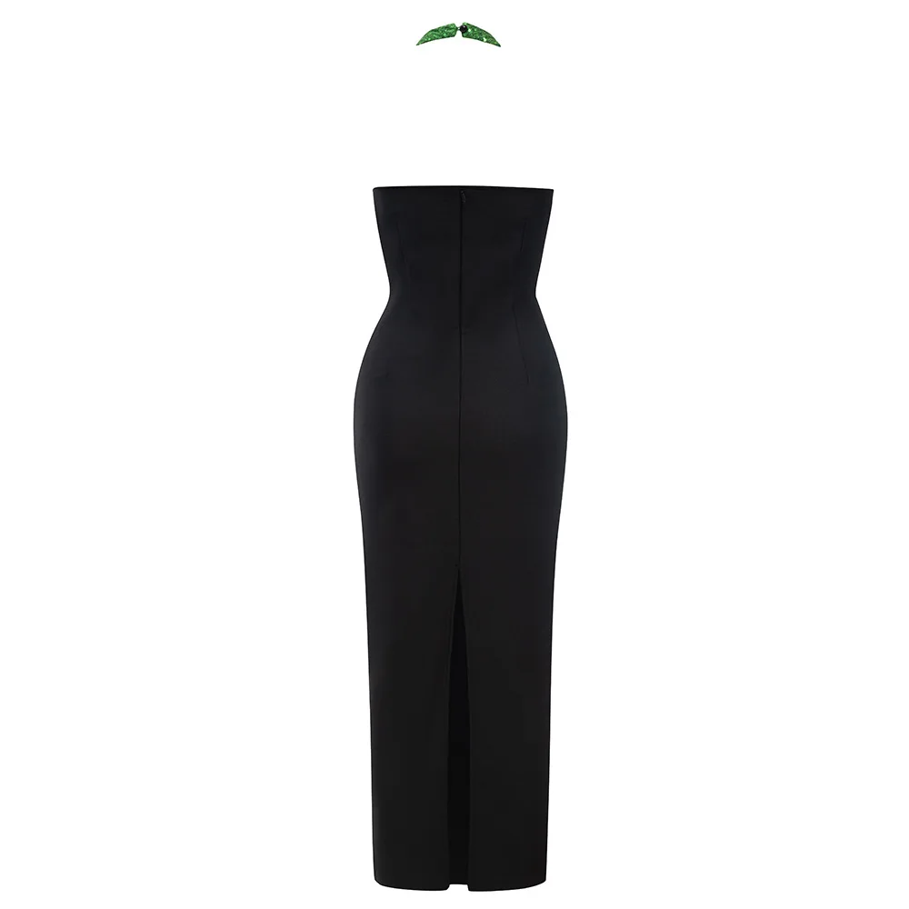 Women Simple Black With Green Sequined Sexy Hollow Out Backless Halter Neck Back Slit Slim Evening Dress