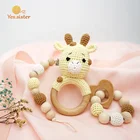 Toy Gift Set Baby Teether Set Giraffe Shape Wood Ring Rattles Baby Crochet Wooden Teether Toy Gift Set