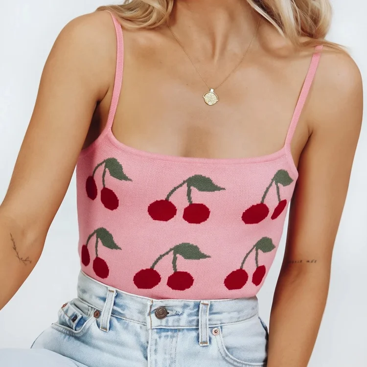 Pink Cherry Strappy Top pink casual look Fashion Tops Strappy Tops 