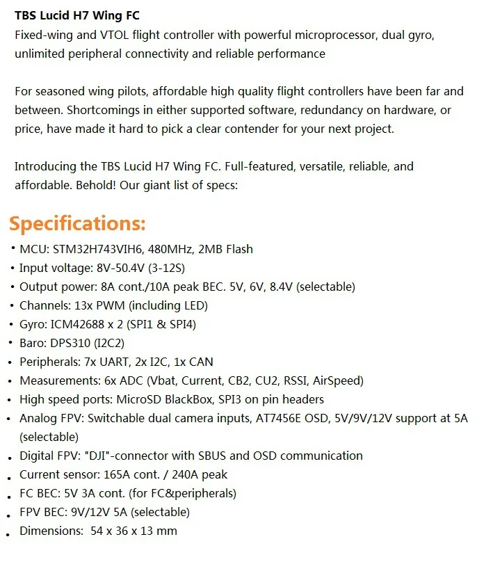 TBS Lucid H7 Wing FC Flight Controller for FPV Racing Drones and Model Airplanes H1fd661360e59424f98f4cb75e5fc42eex