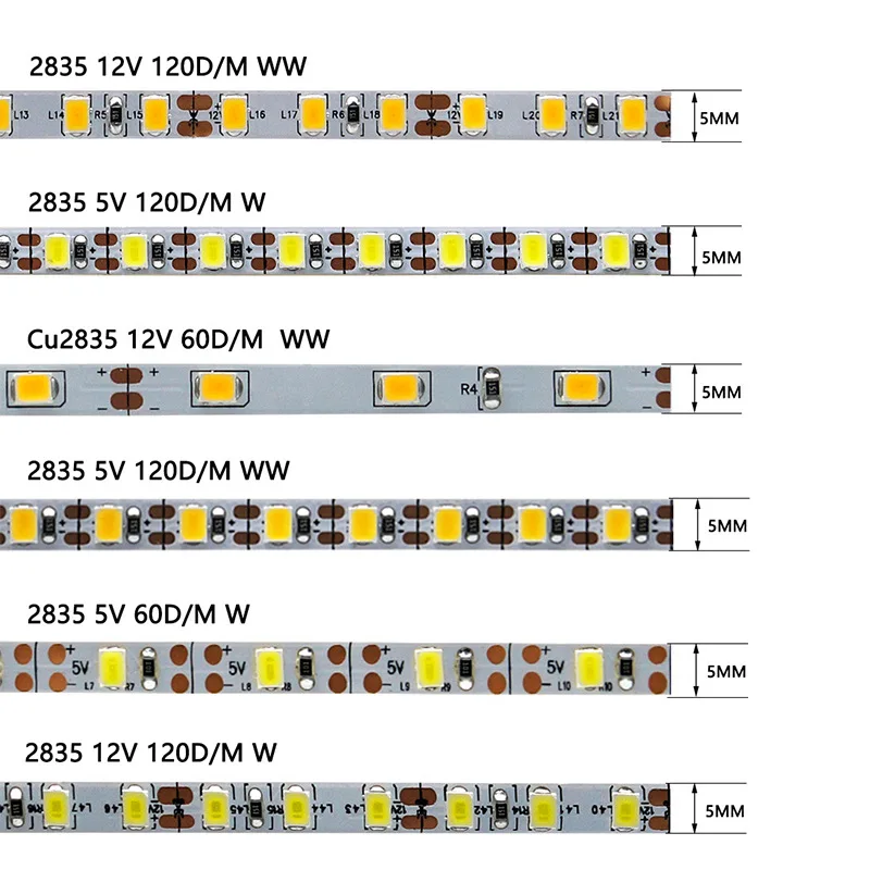 High Bright Dc12v 5v Thin Flexible Warm White Red Blue Green 120led Luces Led 2835 Led Strip Light  Led Tape Cintas 4mm 5mm