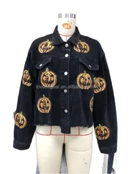 Cropped Corduroy Vintage Outwear Halloween Decoration Sequin Pumpkins Patched Shacket Jacket Womens Clothing