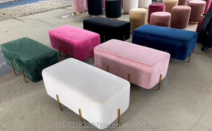 Metal base velvet rectangle ottoman bench stool event ottoman