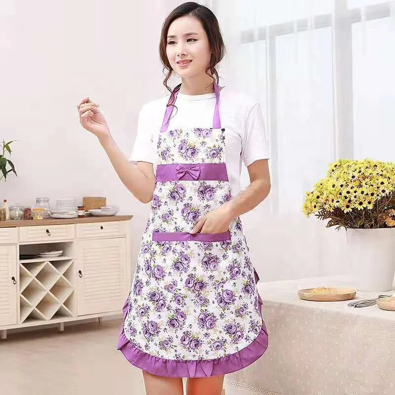 Wholesale Custom Cotton Printing Cleaning Cooking Apron Cooking Flowers Ruffle Kitchen Apron