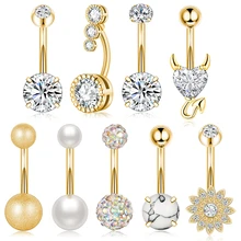 9Pcs/Set Shiny Zircon Inlaid Stainless Steel Puncture Belly Button Ring Cute Imitation Pearl Women's Daily Wear Navel Jewelry