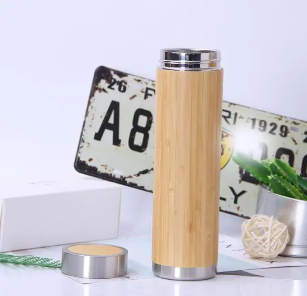 Custom Eco-Friendly Bamboo Insulated Water Bottle Direct Double Wall Stainless Steel Vacuum with 0.5L Capacity