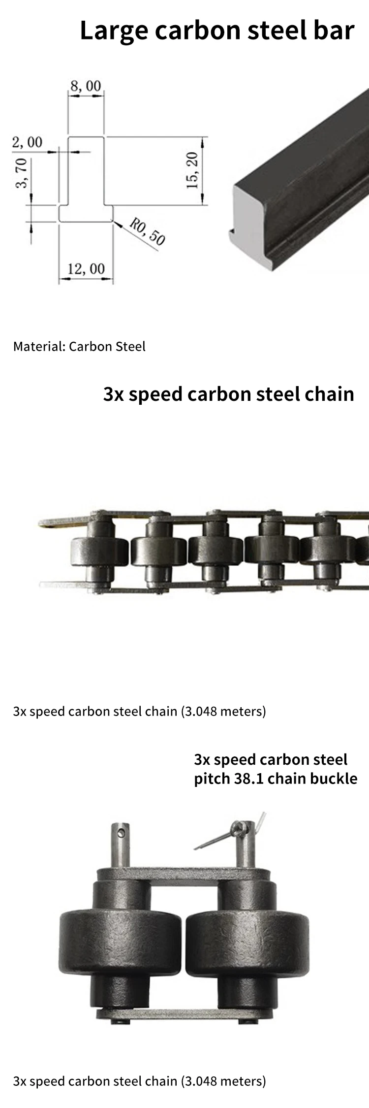 100127 Triple Speed Heavy-duty Extruded Industrial Aluminum Profile 38.1 Pitch Double Speed BS30-C212A Carbon Steel Chain details