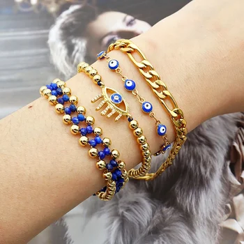 2021 women blue evil eyes bracelet set stainless steel 18K gold plated Turkish evil eyes jewelry
