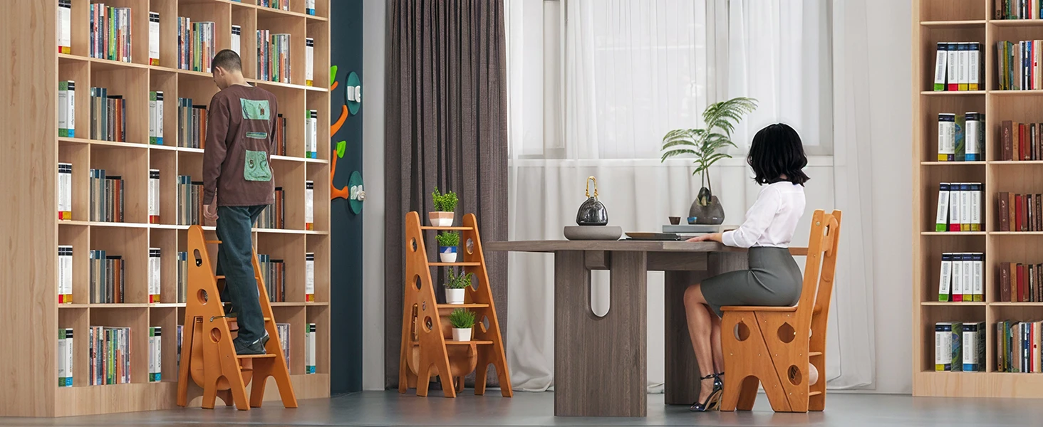 product portable foldable wooden stair chair living room furniture with library ladder display rack for bedroom storage decor-9