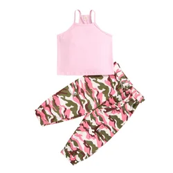 Wholesale toddler girls clothes casual sleeveless shirt tops+camouflage trousers boutique two piece kids outfits