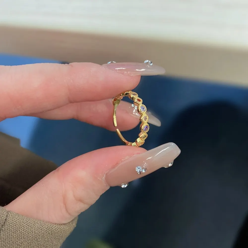 时尚18k镀金彩色锆石开口可调手指女性925纯银戒指