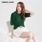 Custom Short Sleeve Crew-Neck Women Solid Bead Crop Top Knitted Sweater