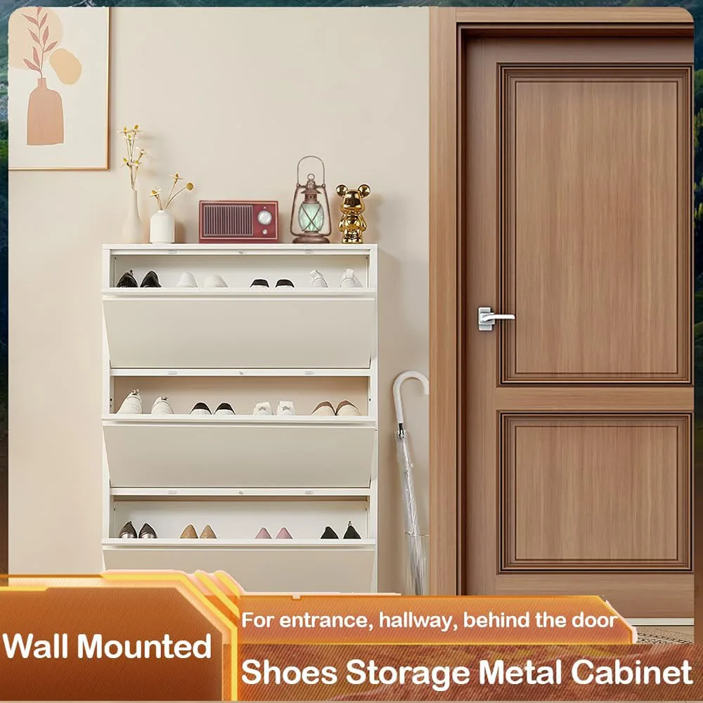White MDF Shoe Storage Cabinet with 3 Flip Drawers Slim Narrow Hidden Metal Rack for Entryway Home Furniture details