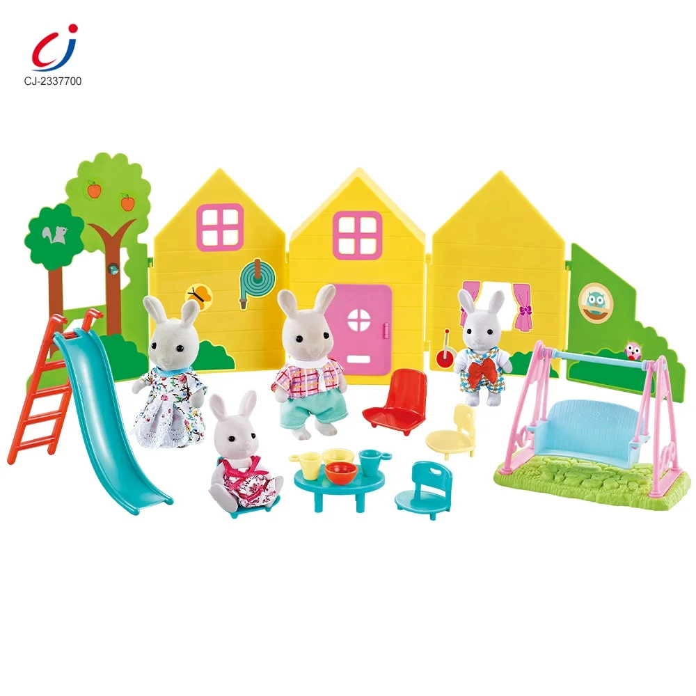 Chengji 21PCS educational toy play house miniature furniture villa plastic doll house furniture set toy with 2pcs rabbits