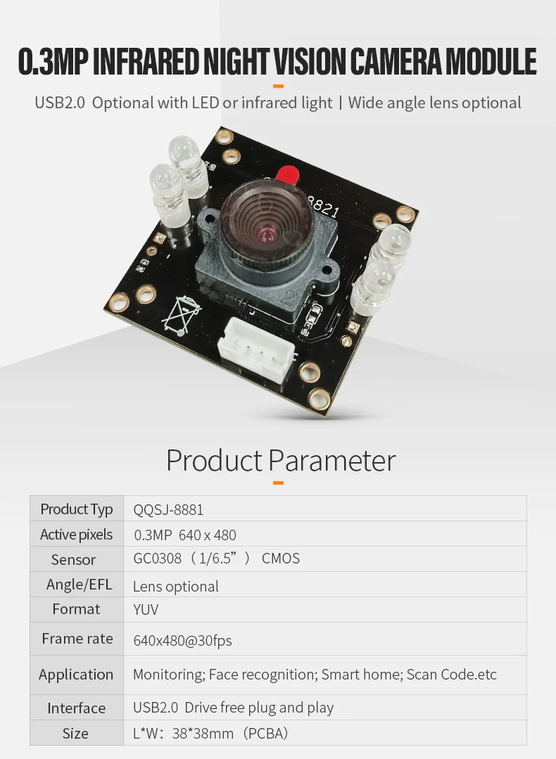 DGZX Customizable GC0308 0.3MP Doorbell Sweeping Robot Wide Angle Low-light Night Vision USB Camera Module插图 DGZX Customizable GC0308 0.3MP Doorbell Sweeping Robot Wide Angle Low-light Night Vision USB Camera Module插图