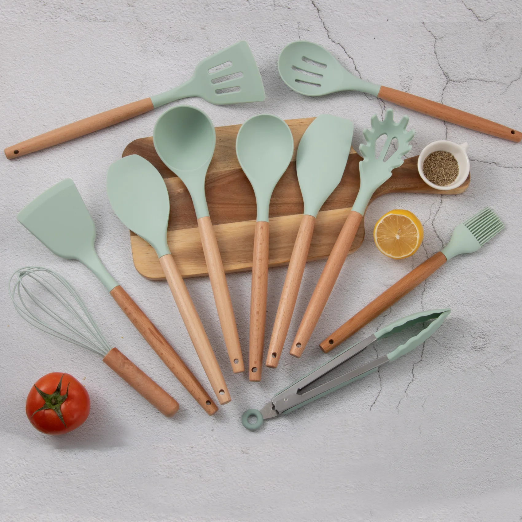 FACTORY wholesale 12 Pcs set silicone kitchenware accessories cooking tools set spatula stirring kitchen utensils Wooden Handle