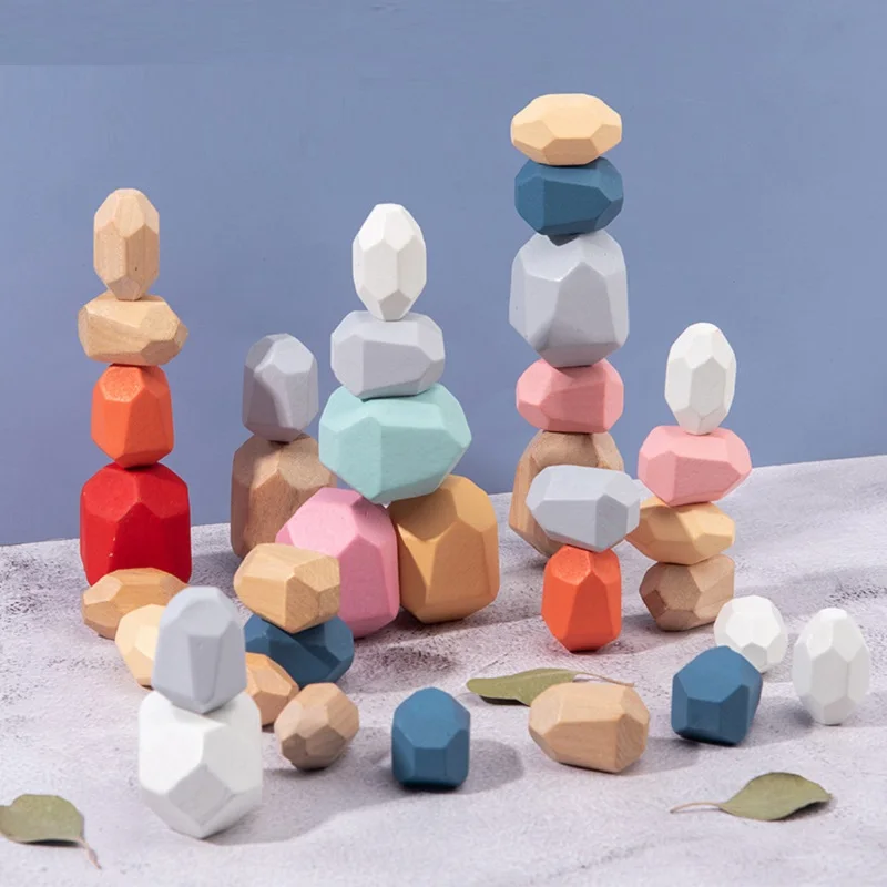 Colorful/12PCS Colorful Stones Lightweight Building Blocks Set Preschool Toy Educational Games for Boys and Girls Wooden Rock Stacking Blocks Balancing Stones for Kids 