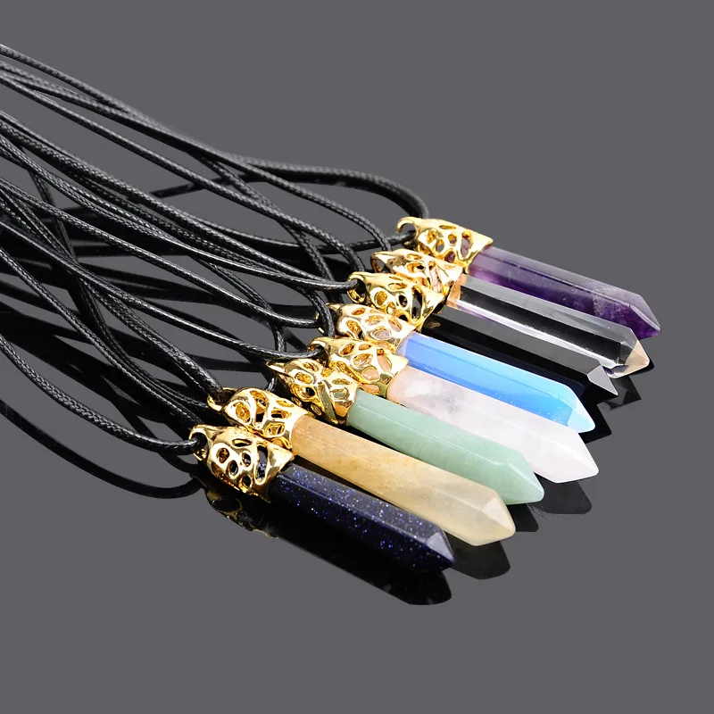 Wholesale Natural Stone Crystal Amethyst Tiger Eye Rose Quartz Hexagonal Long Bullet Stone Pendant Necklace Gemstone Jewelry