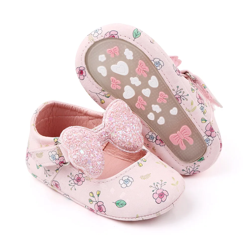 Solid Color Small Flowers Shiny Big Bow Pu Leather Baby Girls Princess Cute Toddler Shoes 2025 supplier