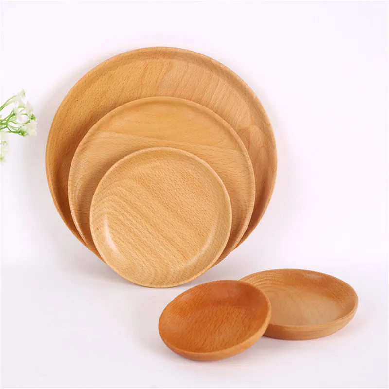 Household Kitchen Round Serving Tray Dinner Fruit Cake Dish And Plate Natural Wooden Serving Plates