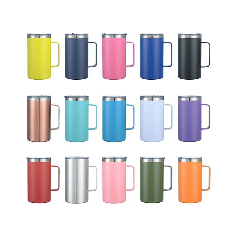 Wholesale 24oz Double Wall Stainless Steel Coffee and Tea Mugs with Handle and Lid Large Sized Water Bottle