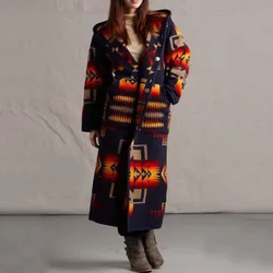 Western Clothing Women Lapel Floral Pattern Printed Hooded Aztec Cardigan Coat Plus Size 5XL Winter Coats For Ladies Trench