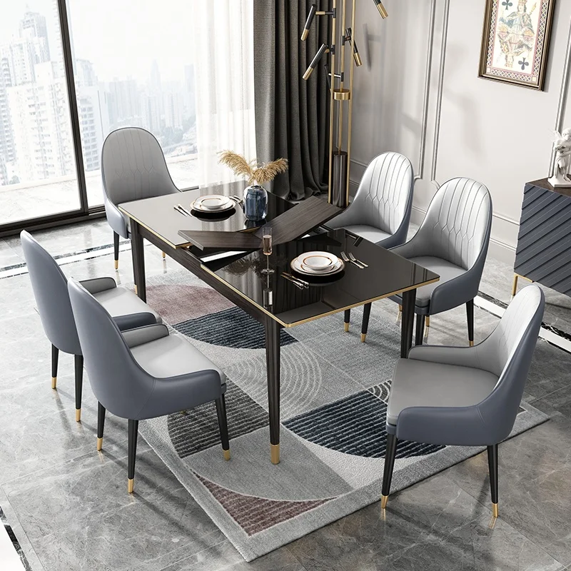 Unique Style Dining Room Furniture Modern Glossy Desktop Black Luxury Retractable Dining Table Set