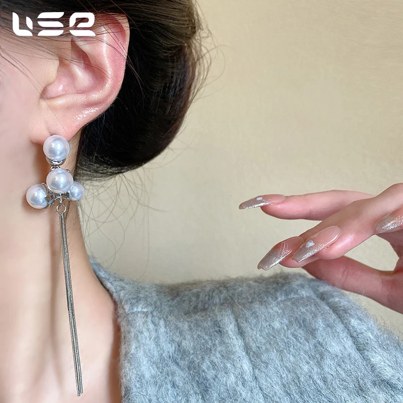 S925 sterling silver fashion simple personalized pearl long tassel earrings for women