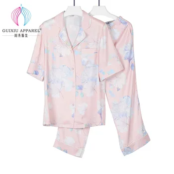 GX3909022 Adult Silk Satin Womens Two Piece Pajama Set, No Onesie Pajama Christmas Tops and Christmas Pants Short Pajamas Floral