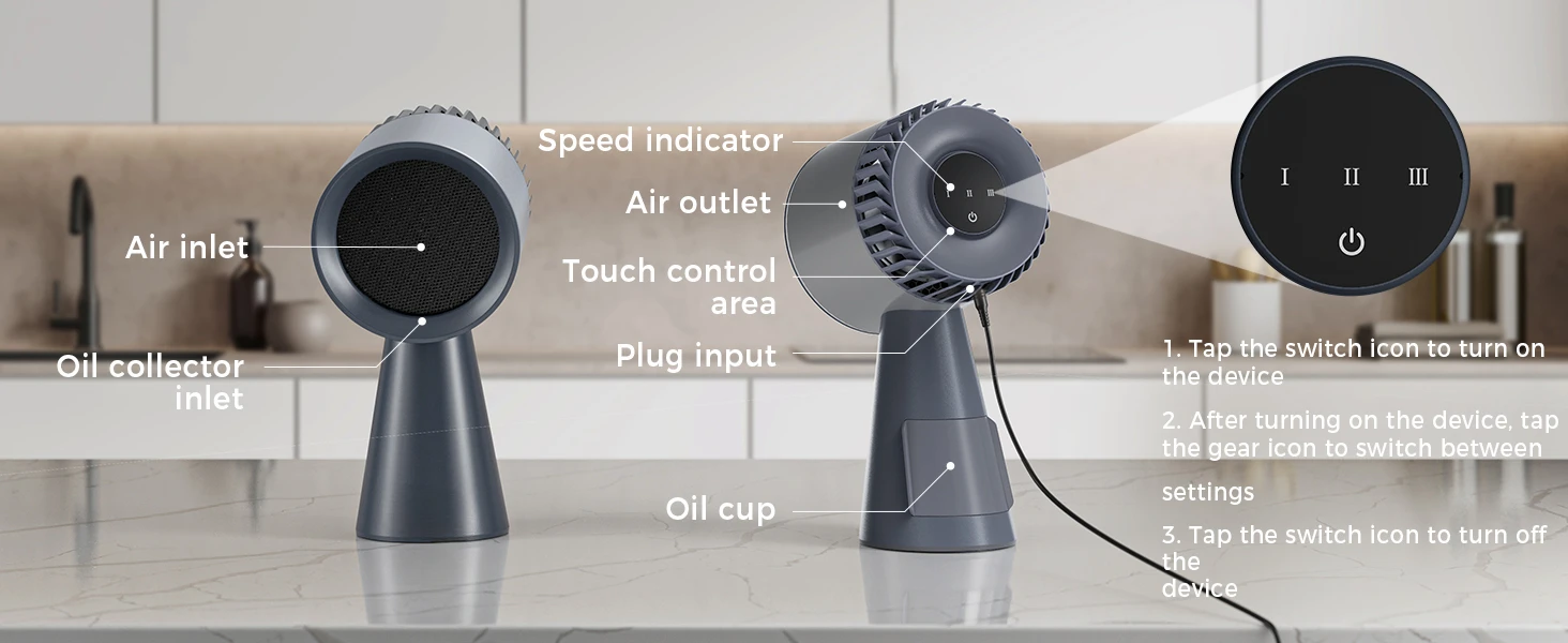 Portable Range Hood for Cooking 3-Speed Desktop Kitchen Exhaust Fan for Indoor BBQ, Hot Pot and RV Detachable Oil Cup