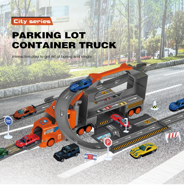 Super parking lot toys 1:64 alloy car model vehicles container diecast truck toy deformation container truck toy parking lot