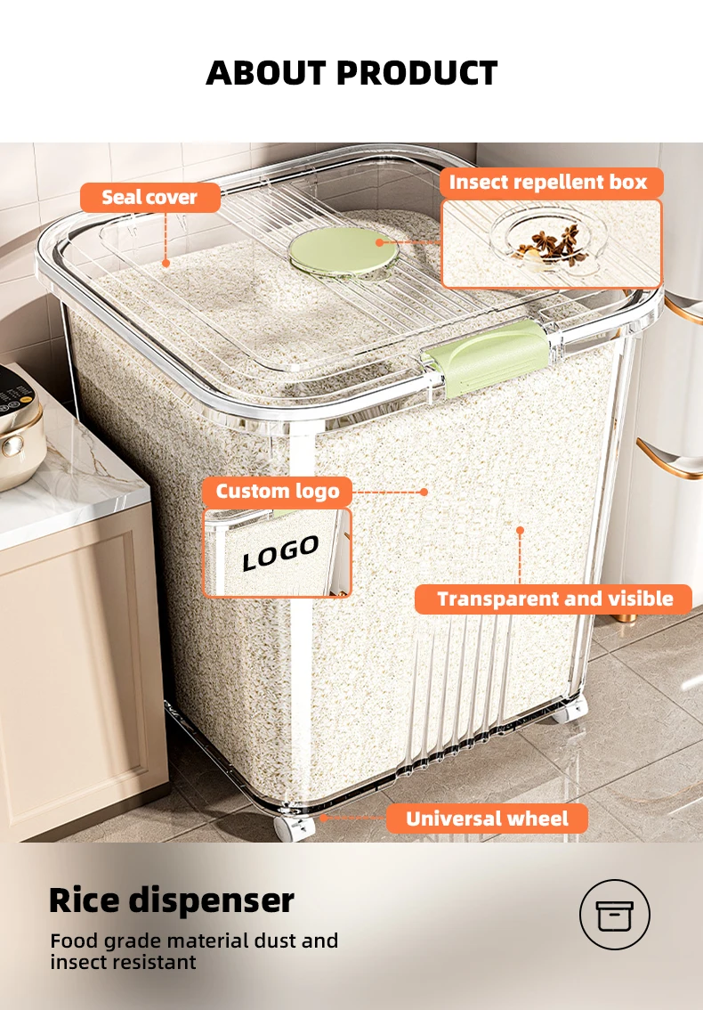 Wannuo 50L Large Capacity Rice Box Moisture-proof Insect-proof Grain Container Flexible Kitchen Rice Box with Wheels factory