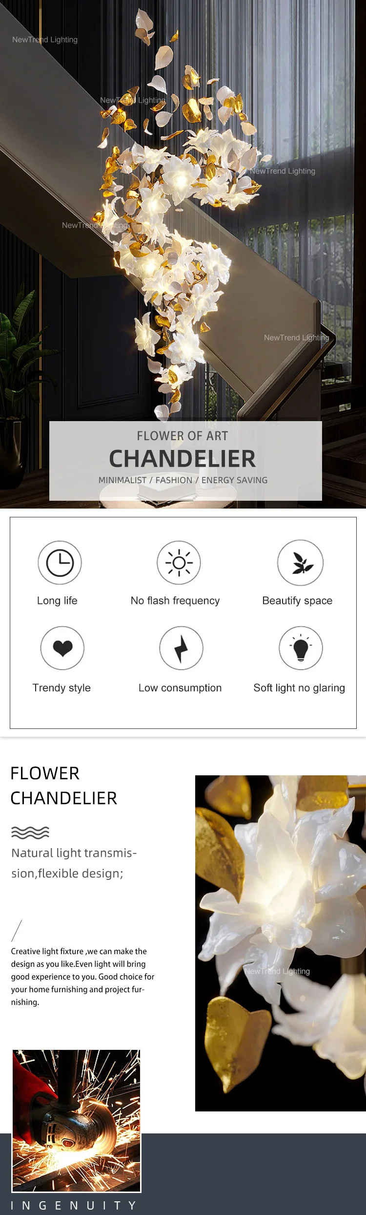 CPL-184 New Product Indoor Decoration Light Villa Staircase Wedding Custom Flower LED Chandelier factory