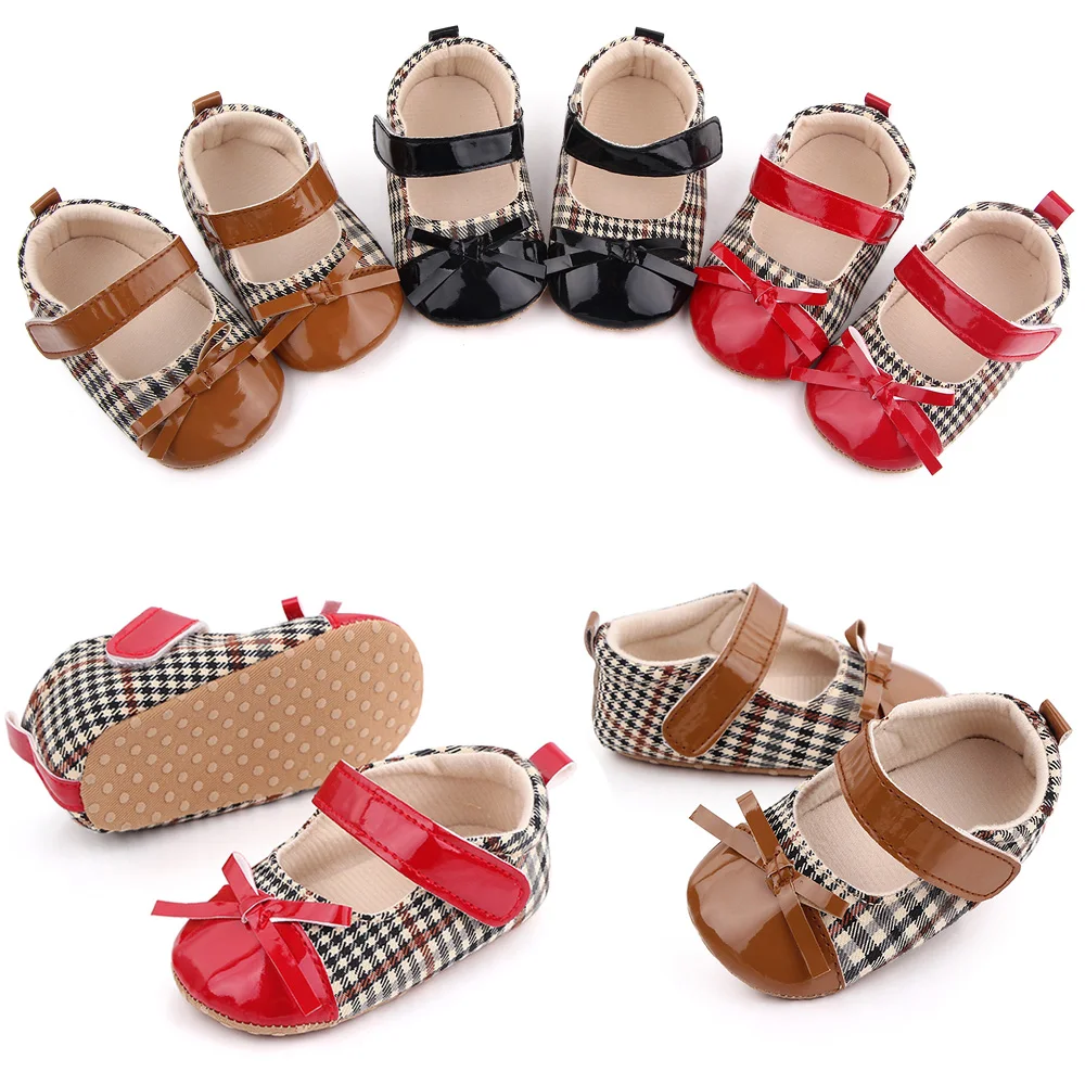 Baby Girls Cute Matching Plaid Solid Leather Bow Infants Soft Soled Princess Toddler Shoes supplier