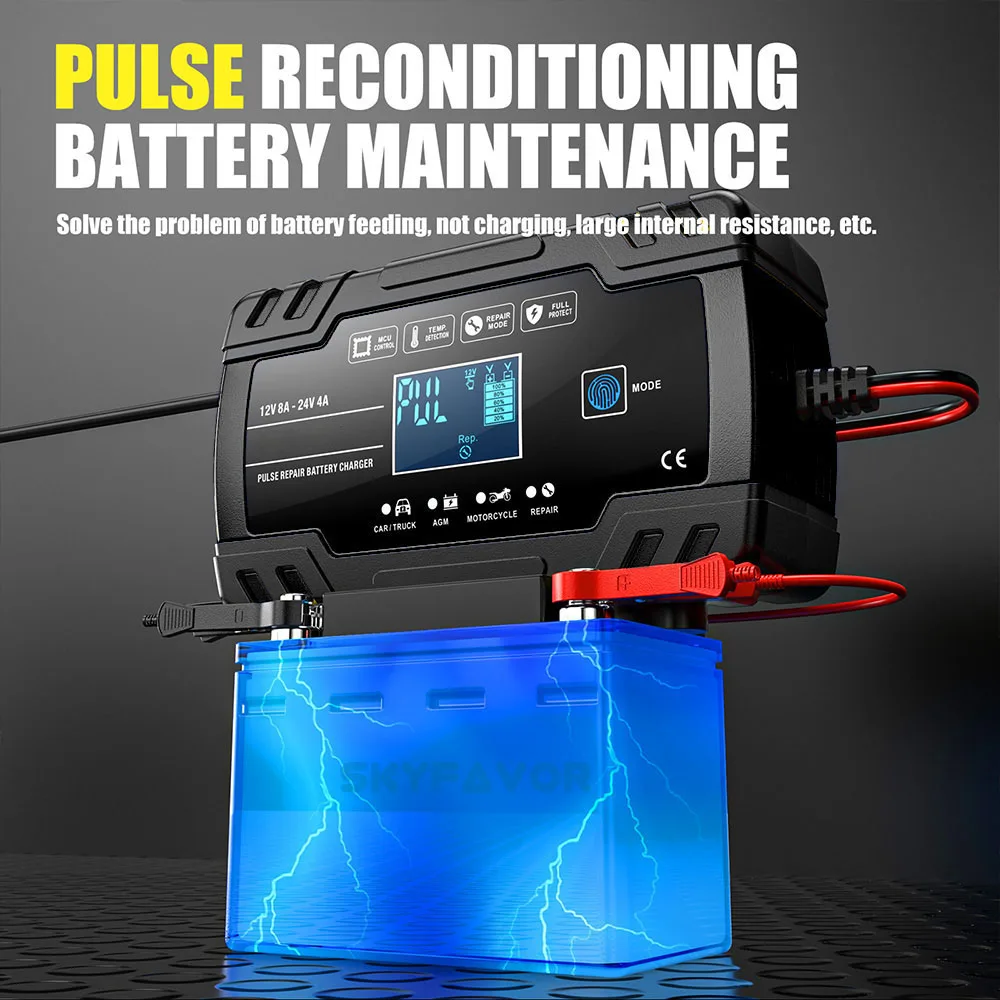 Universal truck car battery charger 12V 24V 8A automatic Maintenance-free gel agm dry wet deepcycle pulse repair battery charger