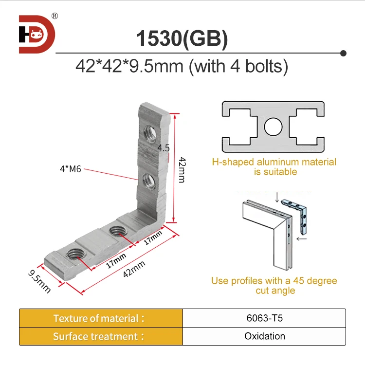 45 Degree Aluminum Profile Accessory 1530 Corner groove Connector 2040 Built-in Fixator 304040 Corner Piece details