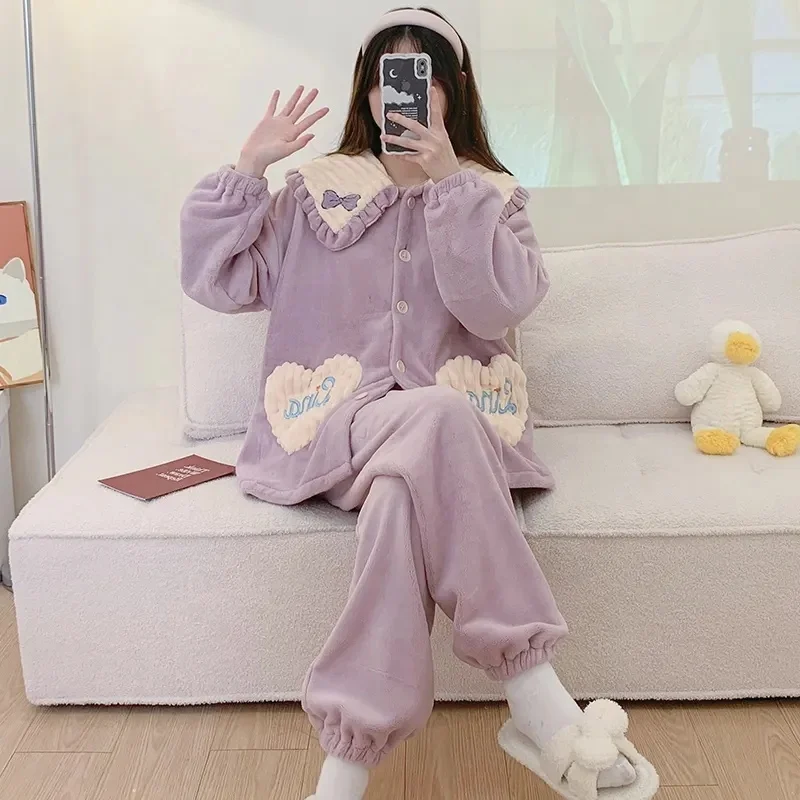 Pajamas Set for Women Winter Warm Fluffy Loungewear Soft Fleece Pj Pants 2 Piece Plush Sleepwear Lounge Tops